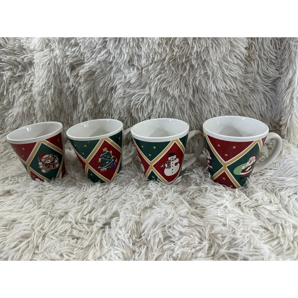 VTG Christmas Holiday Santa Teddy Bear Tree Snowman Cups Mugs Set of‎ FOUR